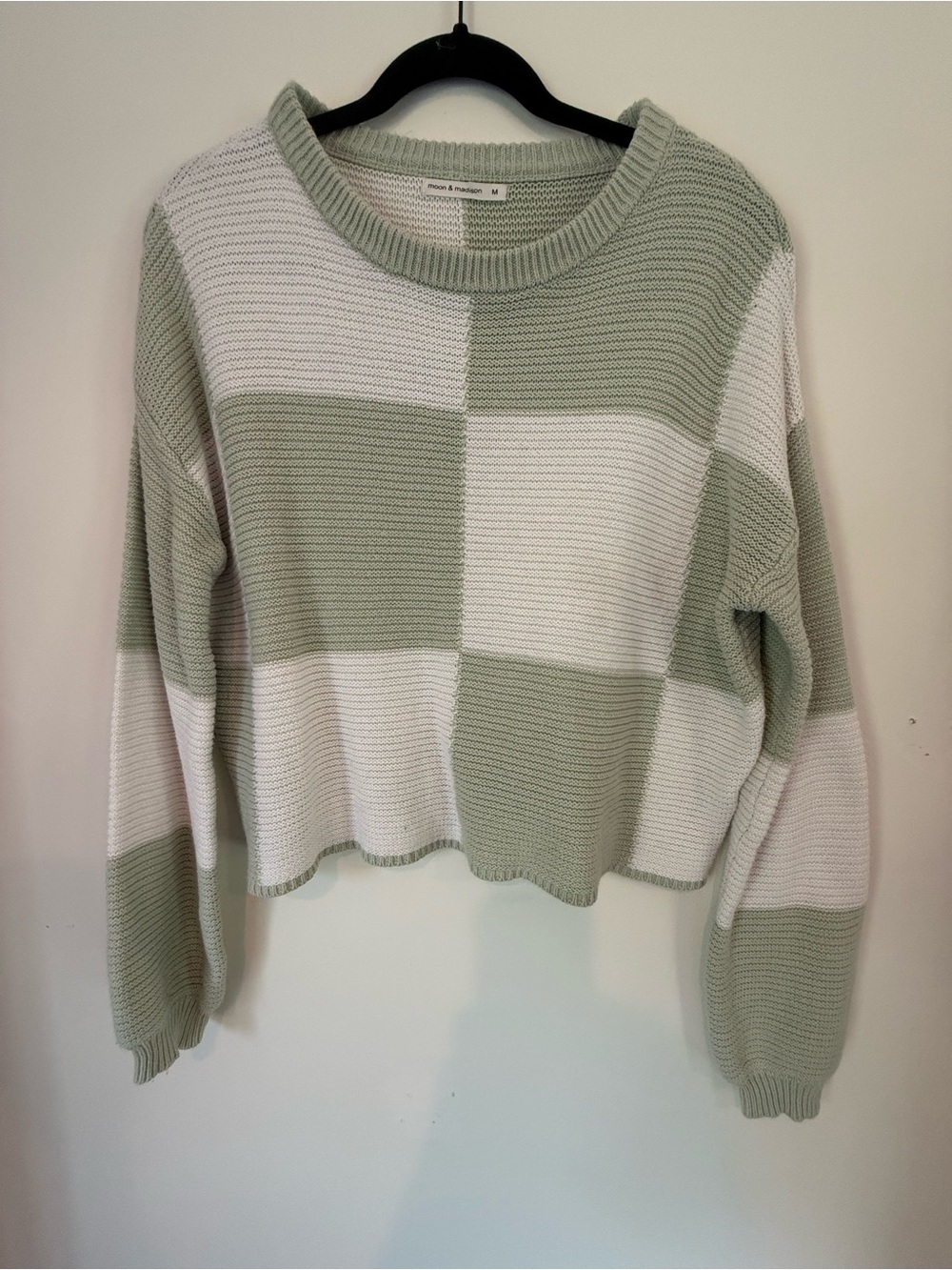 moon & madison Sage Green and White Block Crew Sweater